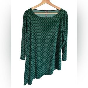 Chicos Travelers Collection Blouse 3(XL) Green Black Trellis Print Asymmetric